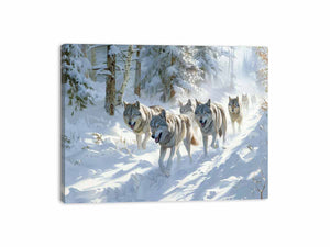 Winter wolf pack canvas wall art for serene cabin and living room decor.