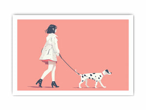 Minimal woman walking dog illustration print for soft modern decor.