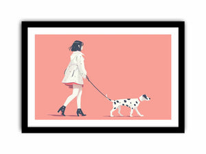 Minimal woman walking dog illustration print for soft modern decor.