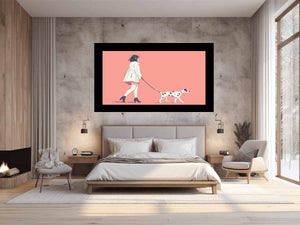 Minimal woman walking dog illustration print for soft modern decor.