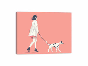 Minimal woman walking dog illustration print for soft modern decor.