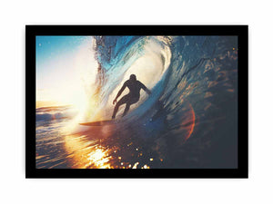 Surfer riding ocean wave canvas art for coastal living room decor.