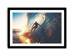 Surfer riding ocean wave canvas art for coastal living room decor.
