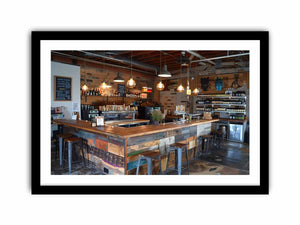 Rustic industrial bar interior canvas print for home bar decor.