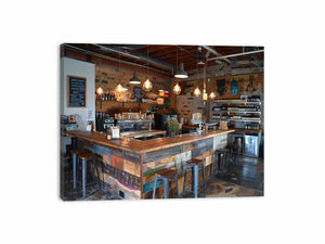 Rustic industrial bar interior canvas print for home bar decor.