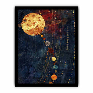 Celestial planet canvas art with navy and gold space design.