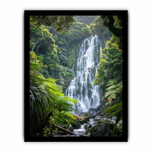 Vertical rainforest waterfall canvas art with lush green ferns for calming bedroom or office decor.
