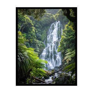 Vertical rainforest waterfall canvas art with lush green ferns for calming bedroom or office decor.