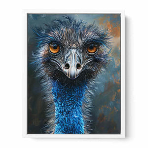 Expressive emu portrait canvas art with amber eyes and blue feathers for modern wall decor.