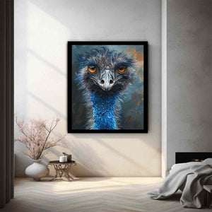 Expressive emu portrait canvas art with amber eyes and blue feathers for modern wall decor.