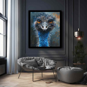 Expressive emu portrait canvas art with amber eyes and blue feathers for modern wall decor.