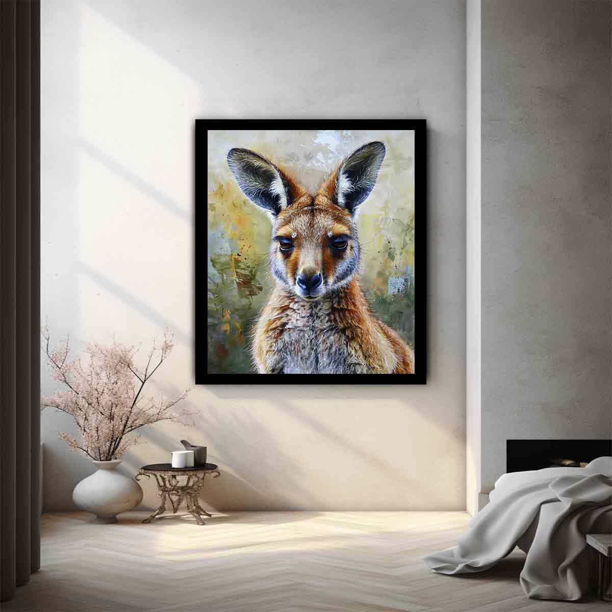 Soft kangaroo portrait canvas art with earthy tones for nursery bedroom or living room decor.