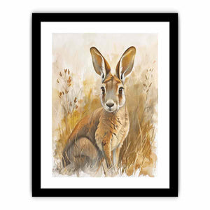 Golden kangaroo canvas art with soft grasses and neutral tones for nursery or bedroom decor.