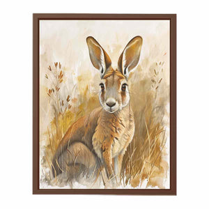 Golden kangaroo canvas art with soft grasses and neutral tones for nursery or bedroom decor.