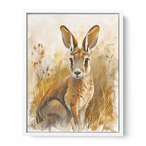 Golden kangaroo canvas art with soft grasses and neutral tones for nursery or bedroom decor.