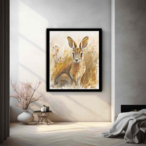 Golden kangaroo canvas art with soft grasses and neutral tones for nursery or bedroom decor.