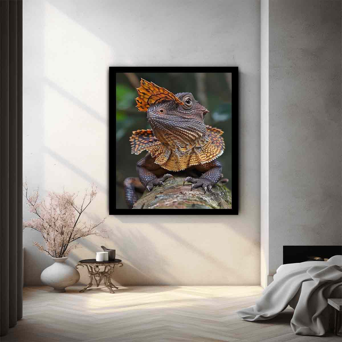 Amber frilled lizard wildlife canvas print for bold modern office decor.