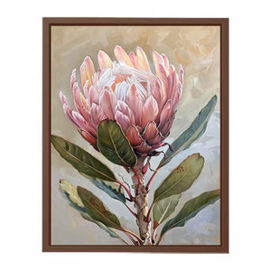 Blush protea botanical canvas art for elegant bedroom wall decor.