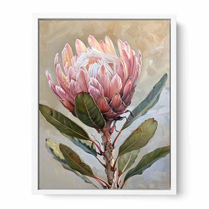 Blush protea botanical canvas art for elegant bedroom wall decor.