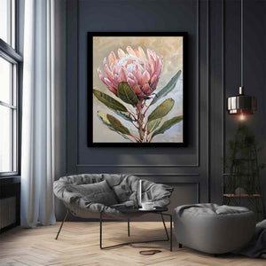 Blush protea botanical canvas art for elegant bedroom wall decor.