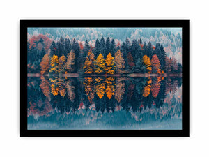 Autumn forest lake canvas art for serene panoramic living room decor.