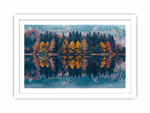 Autumn forest lake canvas art for serene panoramic living room decor.