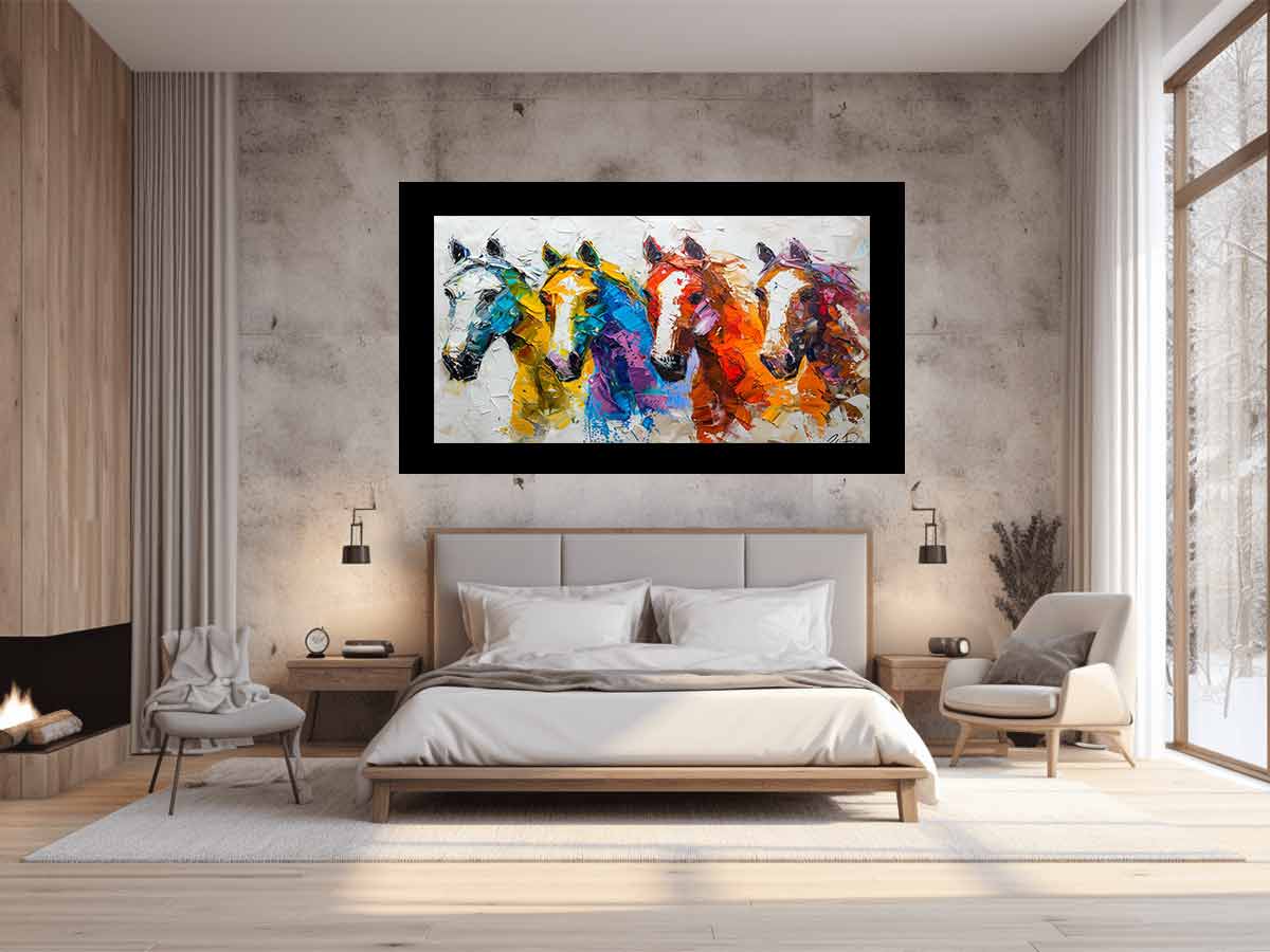 Colorful horse canvas art for bold modern living room wall decor.