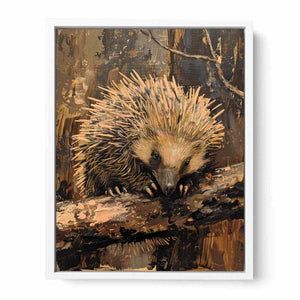 Woodland hedgehog canvas art for cozy rustic bedroom decor.