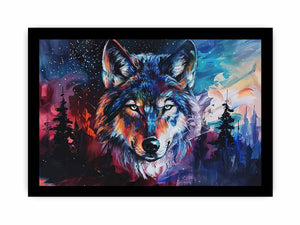 Colorful wolf canvas wall art for bold modern office or mancave decor.