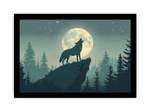 Moonlit wolf silhouette canvas art for peaceful bedroom wall decor.