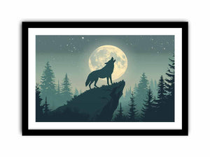 Moonlit wolf silhouette canvas art for peaceful bedroom wall decor.