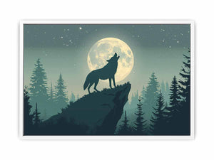 Moonlit wolf silhouette canvas art for peaceful bedroom wall decor.