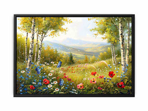 Wildflower meadow canvas art for bright cottage living room decor.