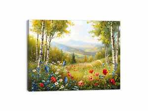 Wildflower meadow canvas art for bright cottage living room decor.