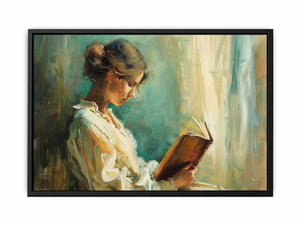 Woman reading canvas art for elegant bedroom or reading nook decor.