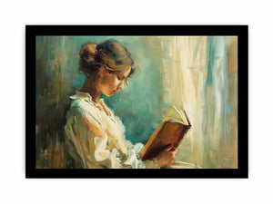 Woman reading canvas art for elegant bedroom or reading nook decor.