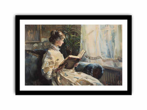 Elegant woman reading canvas art for classic bedroom or reading nook decor.