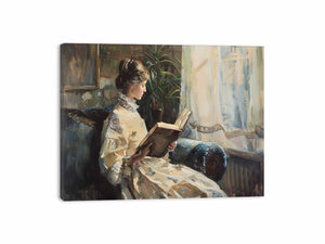 Elegant woman reading canvas art for classic bedroom or reading nook decor.