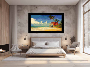 Bright tropical lifeguard tower canvas art for coastal living room decor.