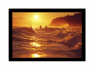Golden surfer wave canvas art for modern coastal living room decor.