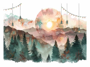 Dreamy watercolor mountain forest canvas art for cozy bedroom decor.