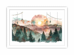 Dreamy watercolor mountain forest canvas art for cozy bedroom decor.