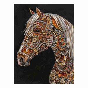 Jeweled white horse portrait canvas art for luxury equestrian decor.