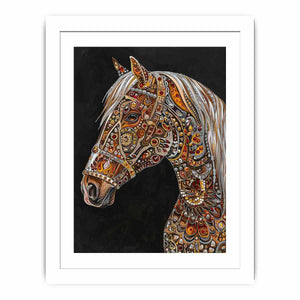 Jeweled white horse portrait canvas art for luxury equestrian decor.