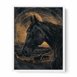 Moody black horse canvas art with gold linework for modern office decor.