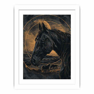 Moody black horse canvas art with gold linework for modern office decor.