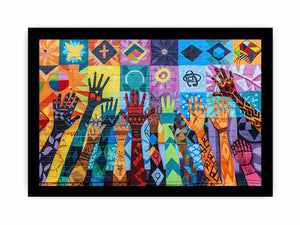 Colorful raised hands mural canvas art for classroom or office decor.
