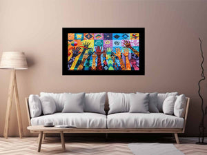 Colorful raised hands mural canvas art for classroom or office decor.