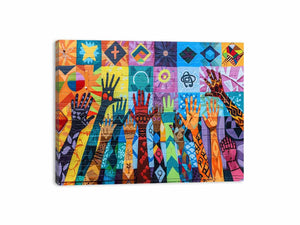 Colorful raised hands mural canvas art for classroom or office decor.