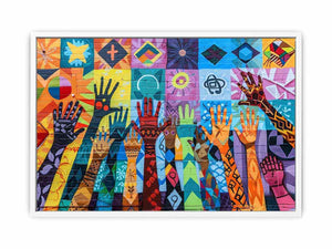 Colorful raised hands mural canvas art for classroom or office decor.